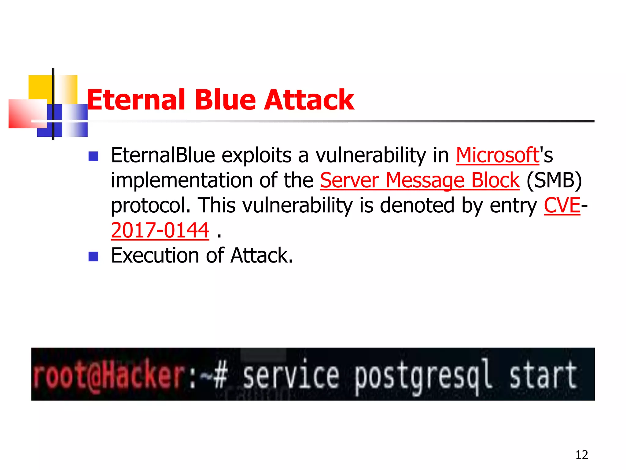 Eternal Blue Attack
 EternalBlue exploits a vulnerability in Microsoft's
implementation of the Server Message Block (SMB)
protocol. This vulnerability is denoted by entry CVE-
2017-0144 .
 Execution of Attack.
12
 