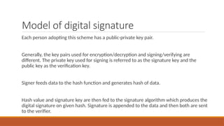 Model of digital signature
Each person adopting this scheme has a public-private key pair.
Generally, the key pairs used for encryption/decryption and signing/verifying are
different. The private key used for signing is referred to as the signature key and the
public key as the verification key.
Signer feeds data to the hash function and generates hash of data.
Hash value and signature key are then fed to the signature algorithm which produces the
digital signature on given hash. Signature is appended to the data and then both are sent
to the verifier.
 