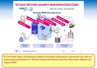 Dr. Christoph Peylo, VP Deutsche Telekom Innovation Laboratories started the day with an
interesting presentation on "Remote Control and Device Security: How Cyber-Attacks Can
Impact M2M"
 