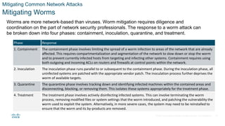 © 2021 Cisco and/or its affiliates. All rights reserved. Cisco Confidential
Mitigating Common Network Attacks
Mitigating Worms
Worms are more network-based than viruses. Worm mitigation requires diligence and
coordination on the part of network security professionals. The response to a worm attack can
be broken down into four phases: containment, inoculation, quarantine, and treatment.
Phase Response
1. Containment The containment phase involves limiting the spread of a worm infection to areas of the network that are already
affected. This requires compartmentalization and segmentation of the network to slow down or stop the worm
and to prevent currently infected hosts from targeting and infecting other systems. Containment requires using
both outgoing and incoming ACLs on routers and firewalls at control points within the network.
2. Inoculation The inoculation phase runs parallel to or subsequent to the containment phase. During the inoculation phase, all
uninfected systems are patched with the appropriate vendor patch. The inoculation process further deprives the
worm of available targets.
3. Quarantine The quarantine phase involves tracking down and identifying infected machines within the contained areas and
disconnecting, blocking, or removing them. This isolates these systems appropriately for the treatment phase.
4. Treatment The treatment phase involves actively disinfecting infected systems. This can involve terminating the worm
process, removing modified files or system settings that the worm introduced, and patching the vulnerability the
worm used to exploit the system. Alternatively, in more severe cases, the system may need to be reinstalled to
ensure that the worm and its by-products are removed.
31
 