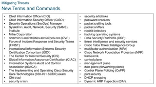 © 2021 Cisco and/or its affiliates. All rights reserved. Cisco Confidential
Mitigating Threats
New Terms and Commands
• Chief Information Officer (CIO)
• Chief Information Security Officer (CISO)
• Security Operations (SecOps) Manager
• SysAdmin, Audit, Network, Security (SANS)
Institute
• Mitre Corporation
• common vulnerabilities and exposures (CVE)
Forum of Incident Response and Security Teams
(FIRST)
• International Information Systems Security
Certification Consortium (ISC2)
• The Center for Internet Security (CIS)
• Global Information Assurance Certification (GIAC)
• Information Systems Audit and Control
Association (ISACA)
• The Implementing and Operating Cisco Security
Core Technologies (350-701 SCOR) exam
• CIA triad
• security onion
• security artichoke
• password crackers
• packet crafting tools
• packet sniffers
• rootkit detectors
• hacking operating systems
• Data Security Platforms (DSP)
• threat intelligence and security services
• Cisco Talos Threat Intelligence Group
• multifactor authentication (MFA)
• Cisco Network Foundation Protection (NFP)
framework
• control plane
• management plane
• data plane (forwarding plane)
• Control Plane Policing (CoPP)
• port security
• DHCP snooping
• Dynamic ARP Inspection (DAI)
42
 