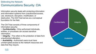 © 2021 Cisco and/or its affiliates. All rights reserved. Cisco Confidential
Defending the Network
Communications Security: CIA
Information security deals with protecting information
and information systems from unauthorized access,
use, disclosure, disruption, modification, or
destruction. The CIA Triad serves as a conceptual
foundation for the field.
The CIA Triad consists of three components of
information security:
• Confidentiality - Only authorized individuals,
entities, or processes can access sensitive
information.
• Integrity - This refers to the protection of data from
unauthorized alteration.
• Availability - Authorized users must have
uninterrupted access to the network resources and
data that they require.
8
 