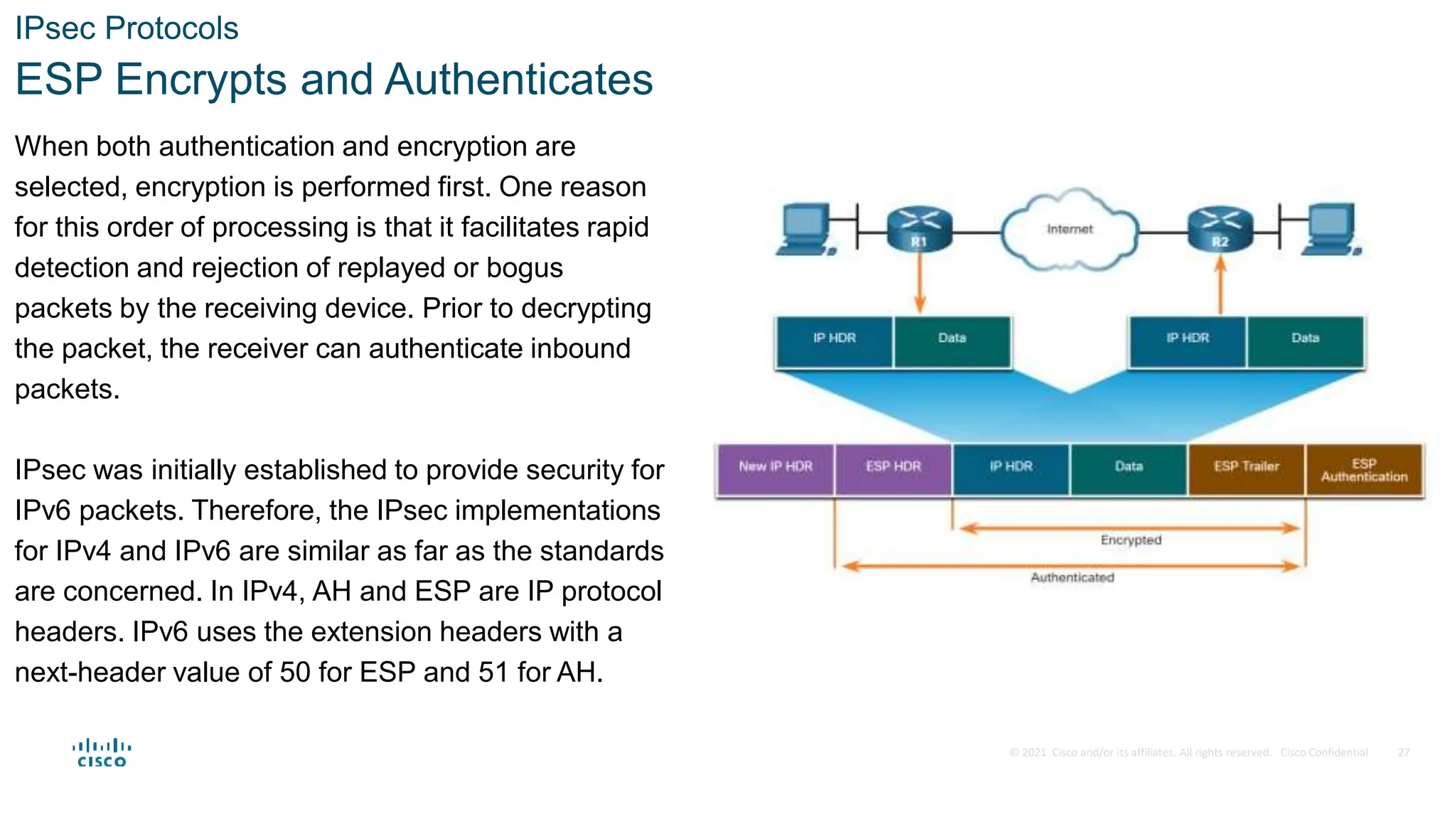 © 2021 Cisco and/or its affiliates. All rights reserved. Cisco Confidential
IPsec Protocols
ESP Encrypts and Authenticates
When both authentication and encryption are
selected, encryption is performed first. One reason
for this order of processing is that it facilitates rapid
detection and rejection of replayed or bogus
packets by the receiving device. Prior to decrypting
the packet, the receiver can authenticate inbound
packets.
IPsec was initially established to provide security for
IPv6 packets. Therefore, the IPsec implementations
for IPv4 and IPv6 are similar as far as the standards
are concerned. In IPv4, AH and ESP are IP protocol
headers. IPv6 uses the extension headers with a
next-header value of 50 for ESP and 51 for AH.
27
 
