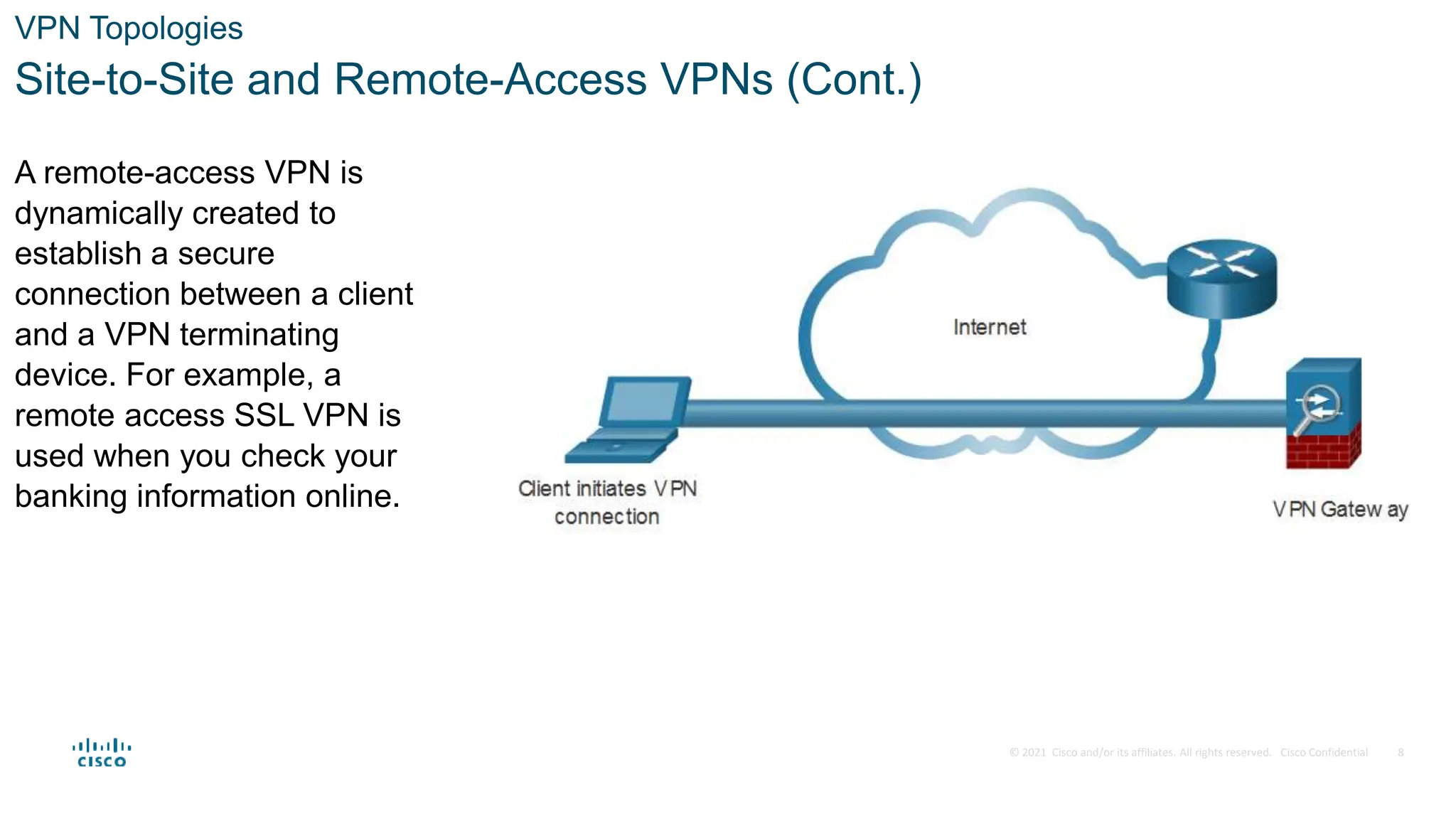 © 2021 Cisco and/or its affiliates. All rights reserved. Cisco Confidential
VPN Topologies
Site-to-Site and Remote-Access VPNs (Cont.)
A remote-access VPN is
dynamically created to
establish a secure
connection between a client
and a VPN terminating
device. For example, a
remote access SSL VPN is
used when you check your
banking information online.
8
 