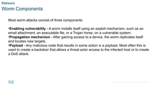 © 2021 Cisco and/or its affiliates. All rights reserved. Cisco Confidential
Malware
Worm Components
Most worm attacks consist of three components:
•Enabling vulnerability - A worm installs itself using an exploit mechanism, such as an
email attachment, an executable file, or a Trojan horse, on a vulnerable system.
•Propagation mechanism - After gaining access to a device, the worm replicates itself
and locates new targets.
•Payload - Any malicious code that results in some action is a payload. Most often this is
used to create a backdoor that allows a threat actor access to the infected host or to create
a DoS attack.
23
 