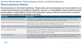 © 2021 Cisco and/or its affiliates. All rights reserved. Cisco Confidential
Common Network Attacks - Reconnaissance, Access, and Social Engineering
Reconnaissance Attacks
Technique Description
Perform an information query of a target The threat actor is looking for initial information about a target. Various tools can be used,
including the Google search, organizations website, whois, and more.
Initiate a ping sweep of the target network The information query usually reveals the target’s network address. The threat actor can now
initiate a ping sweep to determine which IP addresses are active.
Initiate a port scan of active IP addresses This is used to determine which ports or services are available. Examples of port scanners
include Nmap, SuperScan, Angry IP Scanner, and NetScanTools.
Run vulnerability scanners This is to query the identified ports to determine the type and version of the application and
operating system that is running on the host. Examples of tools include Nipper, Secuna PSI,
Core Impact, Nessus v6, SAINT, and Open VAS.
Run exploitation tools The threat actor now attempts to discover vulnerable services that can be exploited. A variety
of vulnerability exploitation tools exist including Metasploit, Core Impact, Sqlmap, Social
Engineer Toolkit, and Netsparker.
Reconnaissance is information gathering. Threat actors use reconnaissance (or recon) attacks to do
unauthorized discovery and mapping of systems, services, or vulnerabilities. Recon attacks precede
access attacks or DoS attacks. Some of the techniques used by malicious threat actors to conduct
reconnaissance attacks are described in the table.
30
 