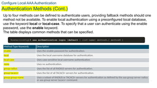 © 2021 Cisco and/or its affiliates. All rights reserved. Cisco Confidential
Configure Local AAA Authentication
Authentication Methods (Cont.)
Up to four methods can be defined to authenticate users, providing fallback methods should one
method not be available. To enable local authentication using a preconfigured local database,
use the keyword local or local-case. To specify that a user can authenticate using the enable
password, use the enable keyword.
The table displays common methods that can be specified.
Method Type Keywords Description
enable Uses the enable password for authentication.
local Uses the local username database for authentication.
local-case Uses case-sensitive local username authentication.
none Uses no authentication.
group radius Uses the list of all RADIUS servers for authentication.
group tacacs+ Uses the list of all TACACS+ servers for authentication.
group group-name Uses a subset of RADIUS or TACACS+ servers for authentication as defined by the aaa group server radius
or aaa group server tacacs+ command. 12
 
