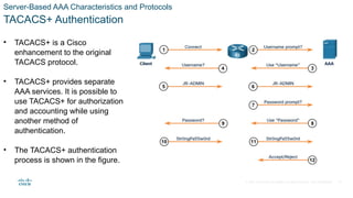 © 2021 Cisco and/or its affiliates. All rights reserved. Cisco Confidential
Server-Based AAA Characteristics and Protocols
TACACS+ Authentication
• TACACS+ is a Cisco
enhancement to the original
TACACS protocol.
• TACACS+ provides separate
AAA services. It is possible to
use TACACS+ for authorization
and accounting while using
another method of
authentication.
• The TACACS+ authentication
process is shown in the figure.
21
 