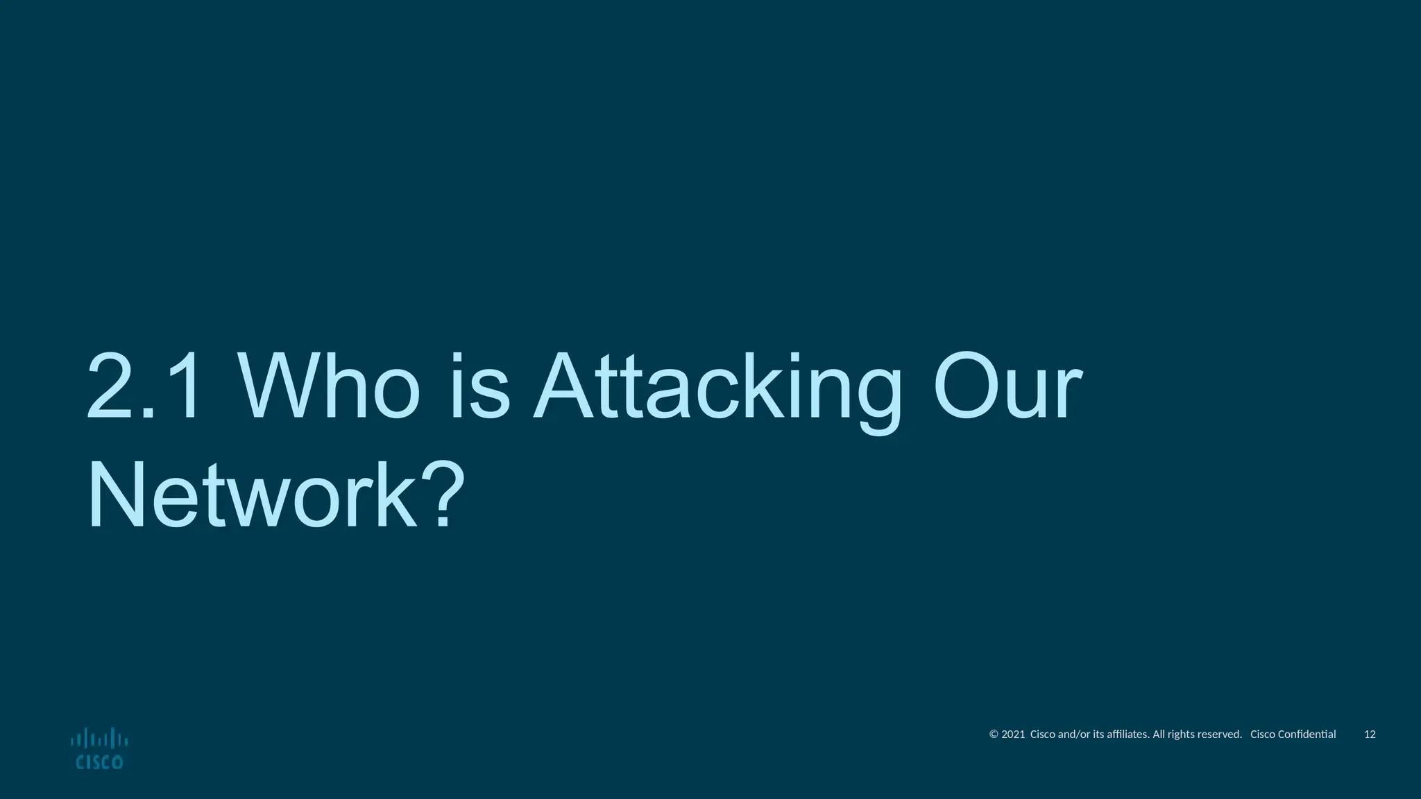 © 2021 Cisco and/or its affiliates. All rights reserved. Cisco Confidential
2.1 Who is Attacking Our
Network?
12
 