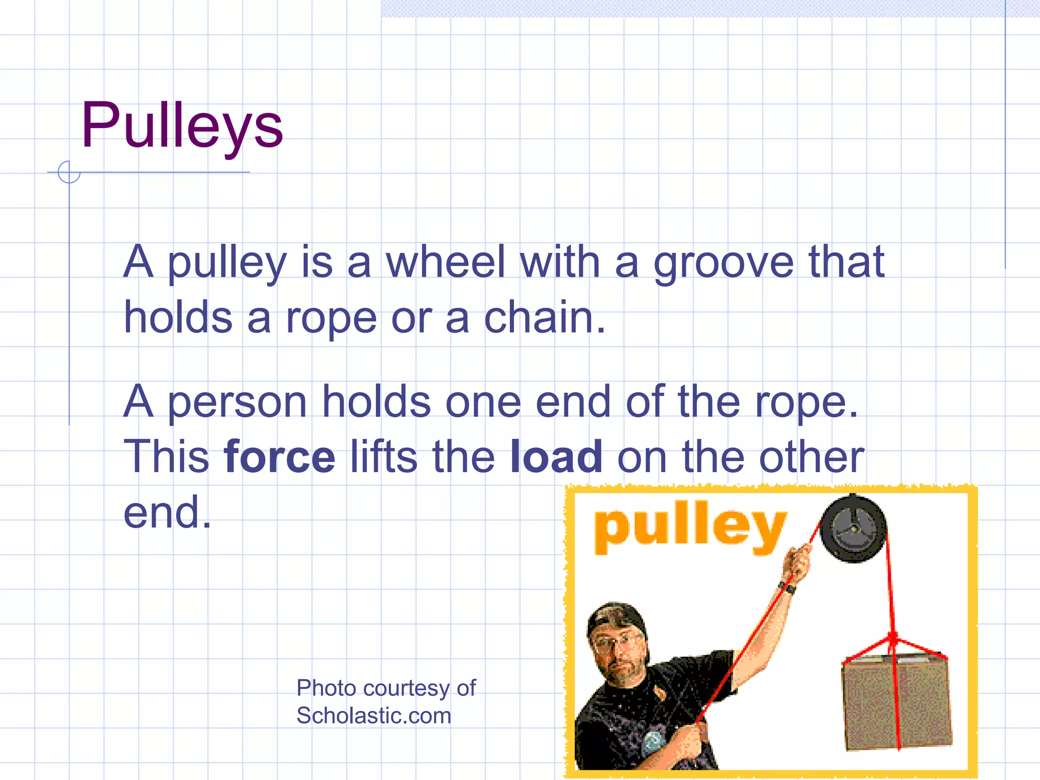 Pulleys A pulley is a wheel with a groove that holds a rope or a chain. A person holds one end of the rope. This  force  lifts the  load  on the other end. Photo courtesy of Scholastic.com 