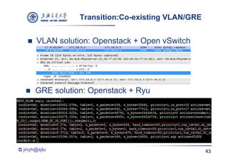 Transition:Co-existing VLAN/GRE


       VLAN solution: Openstack + Open vSwitch
                        p           p




       GRE solution: Openstack + Ryu




© jinyh@sjtu                                         36
                                                      43
 