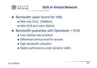 QoS in Virtual Network


       Bandwidth upper bound for VMs
                   pp
              With only OVS : 200Mbit/s
              With OVS and virtio: 8Gbit/s
       Bandwidth guarantee with Openstack + OVS
              User defined rate limitation
              Differential service level for tenants
              High bandwidth utilization
              Stable performance under dynamic traffic
                      p                  y




© jinyh@sjtu                                               37
 