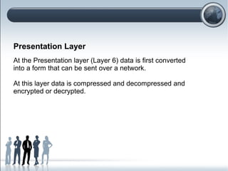 Presentation Layer
At the Presentation layer (Layer 6) data is first converted
into a form that can be sent over a network.
At this layer data is compressed and decompressed and
encrypted or decrypted.
 