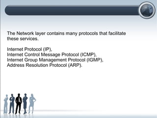The Network layer contains many protocols that facilitate
these services.
Internet Protocol (IP),
Internet Control Message Protocol (ICMP),
Internet Group Management Protocol (IGMP),
Address Resolution Protocol (ARP).
 