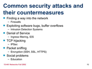Common security attacks and their countermeasures Finding a way into the network Firewalls Exploiting software bugs, buffer overflows Intrusion Detection Systems Denial of Service Ingress filtering, IDS TCP hijacking IPSec Packet sniffing Encryption (SSH, SSL, HTTPS) Social problems Education 