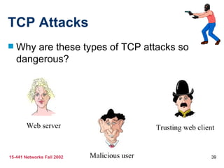 TCP Attacks Why are these types of TCP attacks so dangerous? Web server Malicious user Trusting web client 