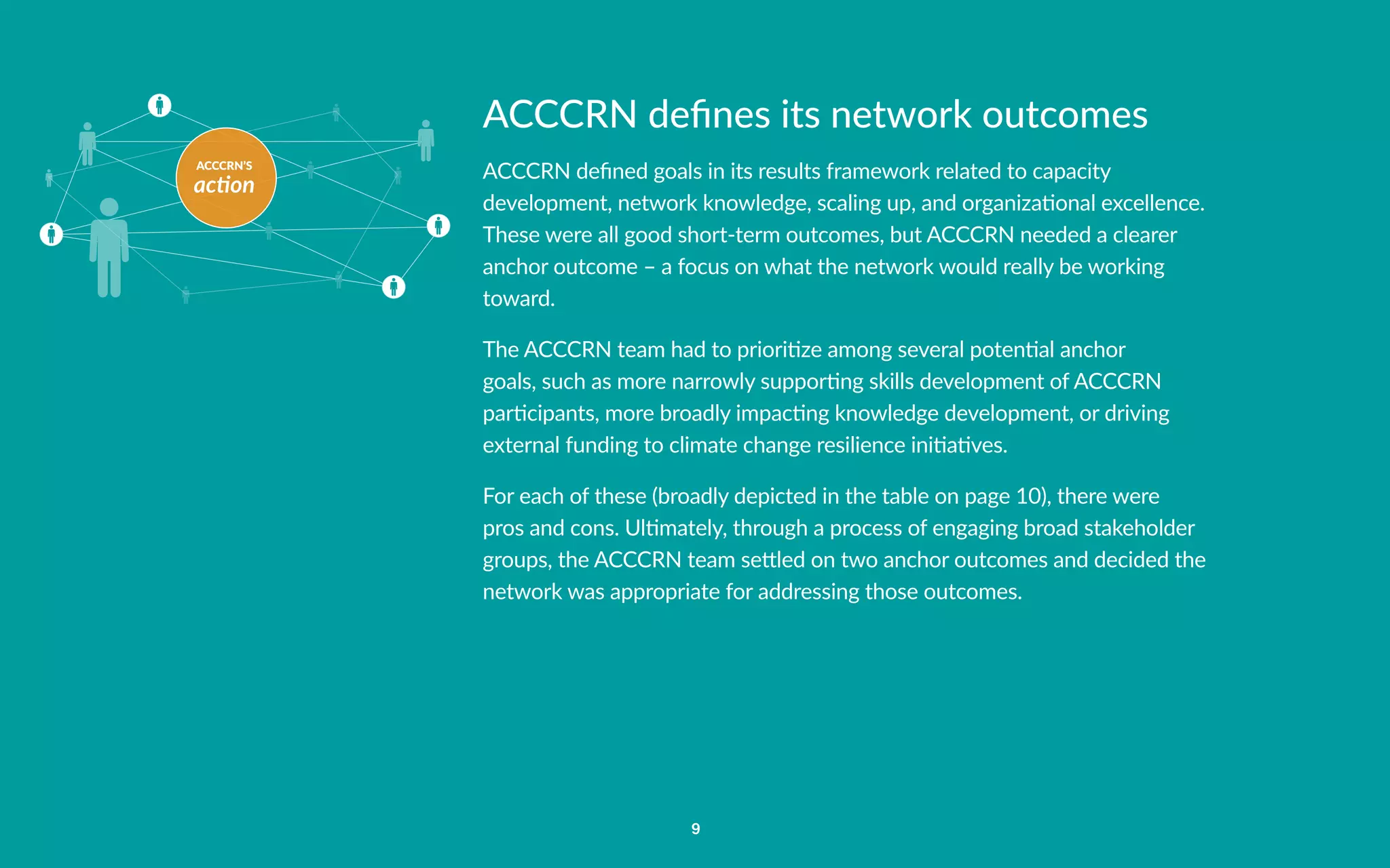 ACCCRN’S
action
9
ACCCRN defines its network outcomes
ACCCRN defined goals in its results framework related to capacity
development, network knowledge, scaling up, and organizational excellence.
These were all good short-term outcomes, but ACCCRN needed a clearer
anchor outcome – a focus on what the network would really be working
toward.
The ACCCRN team had to prioritize among several potential anchor
goals, such as more narrowly supporting skills development of ACCCRN
participants, more broadly impacting knowledge development, or driving
external funding to climate change resilience initiatives.
For each of these (broadly depicted in the table on page 10), there were
pros and cons. Ultimately, through a process of engaging broad stakeholder
groups, the ACCCRN team settled on two anchor outcomes and decided the
network was appropriate for addressing those outcomes.
 