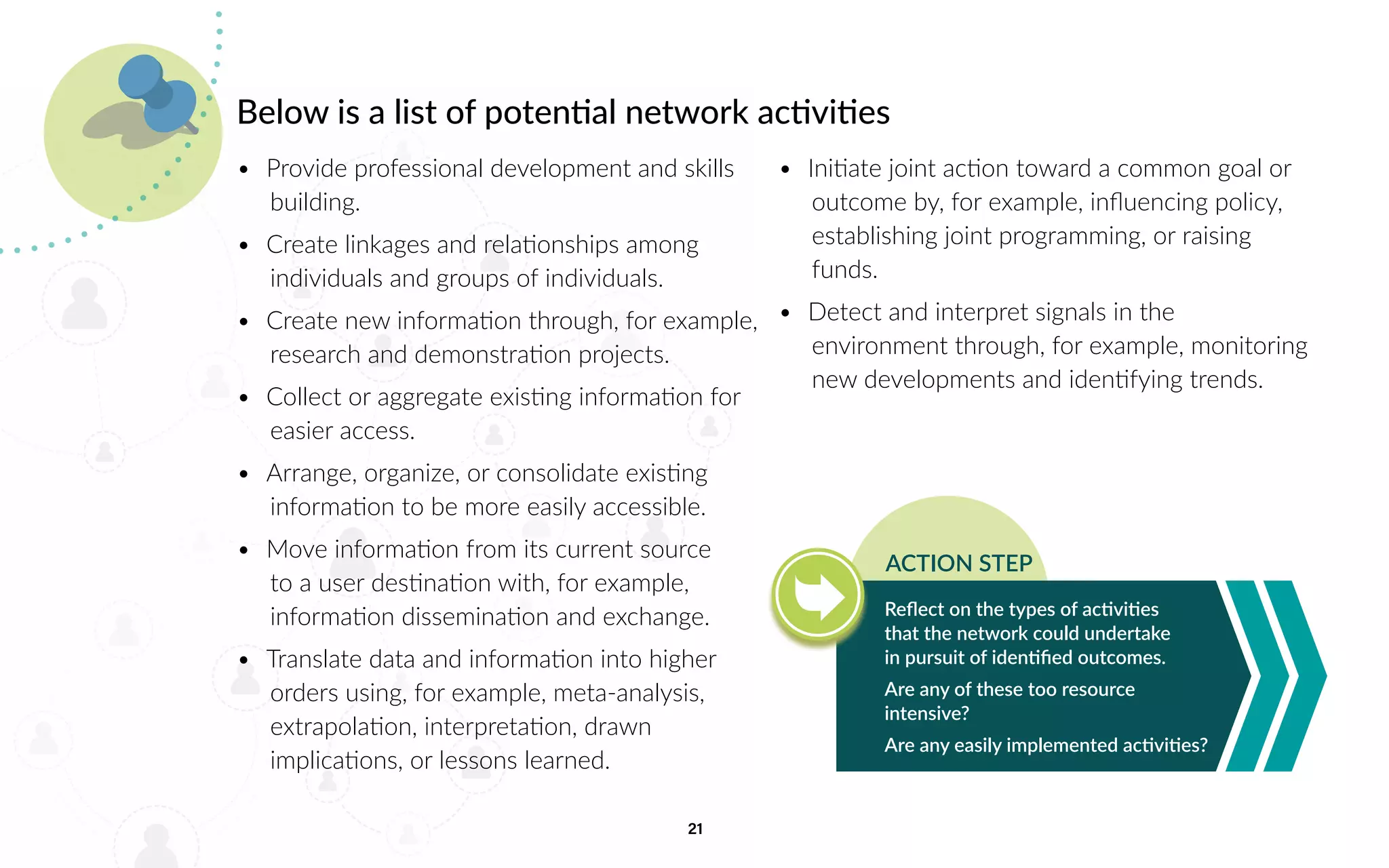 21
Below is a list of potential network activities
•	 Provide professional development and skills
building.
•	 Create linkages and relationships among
individuals and groups of individuals.
•	 Create new information through, for example,
research and demonstration projects.
•	 Collect or aggregate existing information for
easier access.
•	 Arrange, organize, or consolidate existing
information to be more easily accessible.
•	 Move information from its current source
to a user destination with, for example,
information dissemination and exchange.
•	 Translate data and information into higher
orders using, for example, meta-analysis,
extrapolation, interpretation, drawn
implications, or lessons learned.
•	 Initiate joint action toward a common goal or
outcome by, for example, influencing policy,
establishing joint programming, or raising
funds.
•	 Detect and interpret signals in the
environment through, for example, monitoring
new developments and identifying trends.
Reflect on the types of activities
that the network could undertake
in pursuit of identified outcomes.
Are any of these too resource
intensive?
Are any easily implemented activities?
ACTION STEP
 