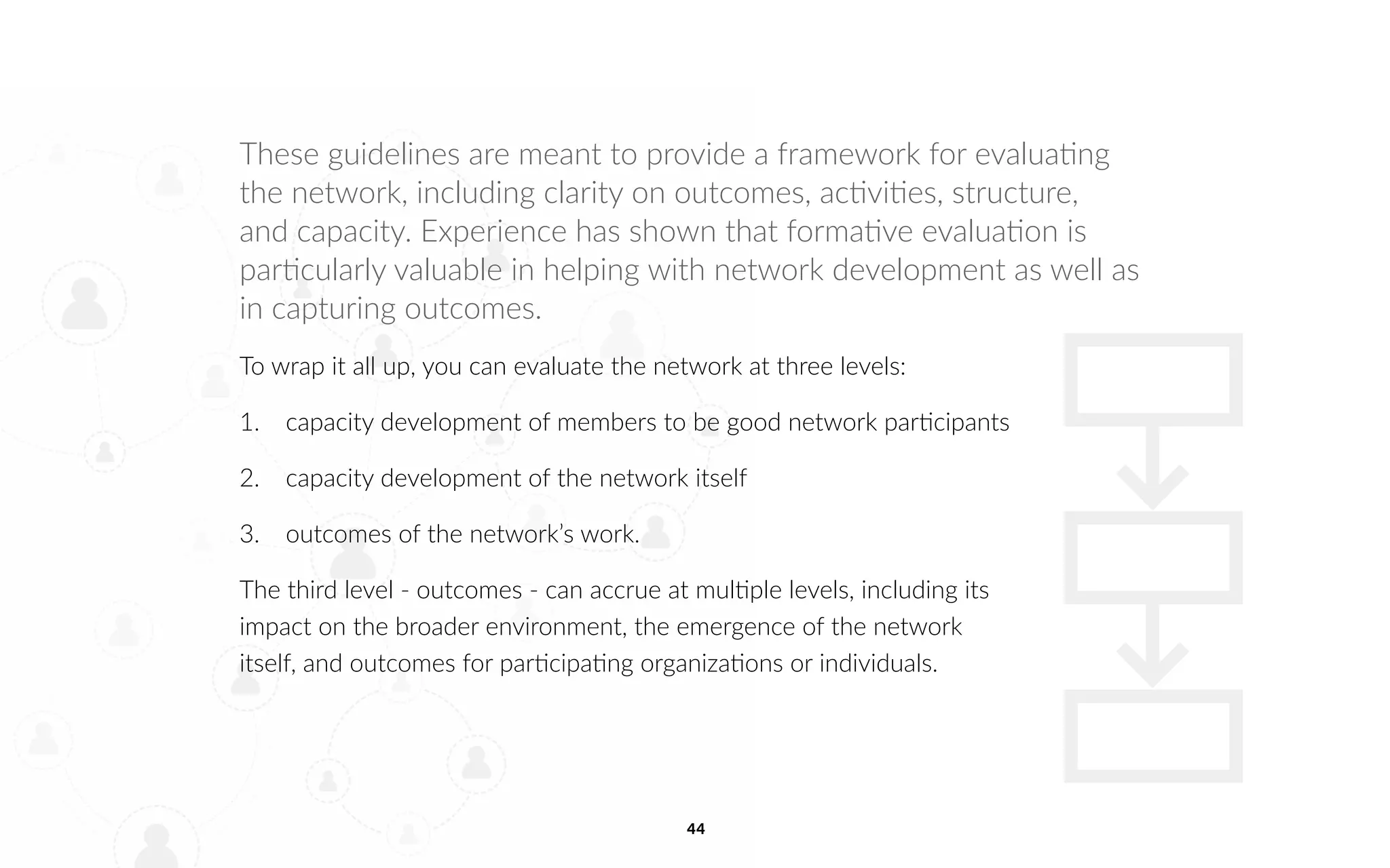 44
These guidelines are meant to provide a framework for evaluating
the network, including clarity on outcomes, activities, structure,
and capacity. Experience has shown that formative evaluation is
particularly valuable in helping with network development as well as
in capturing outcomes.
To wrap it all up, you can evaluate the network at three levels:
1.	 capacity development of members to be good network participants
2.	 capacity development of the network itself
3.	 outcomes of the network’s work.
The third level - outcomes - can accrue at multiple levels, including its
impact on the broader environment, the emergence of the network
itself, and outcomes for participating organizations or individuals.
 