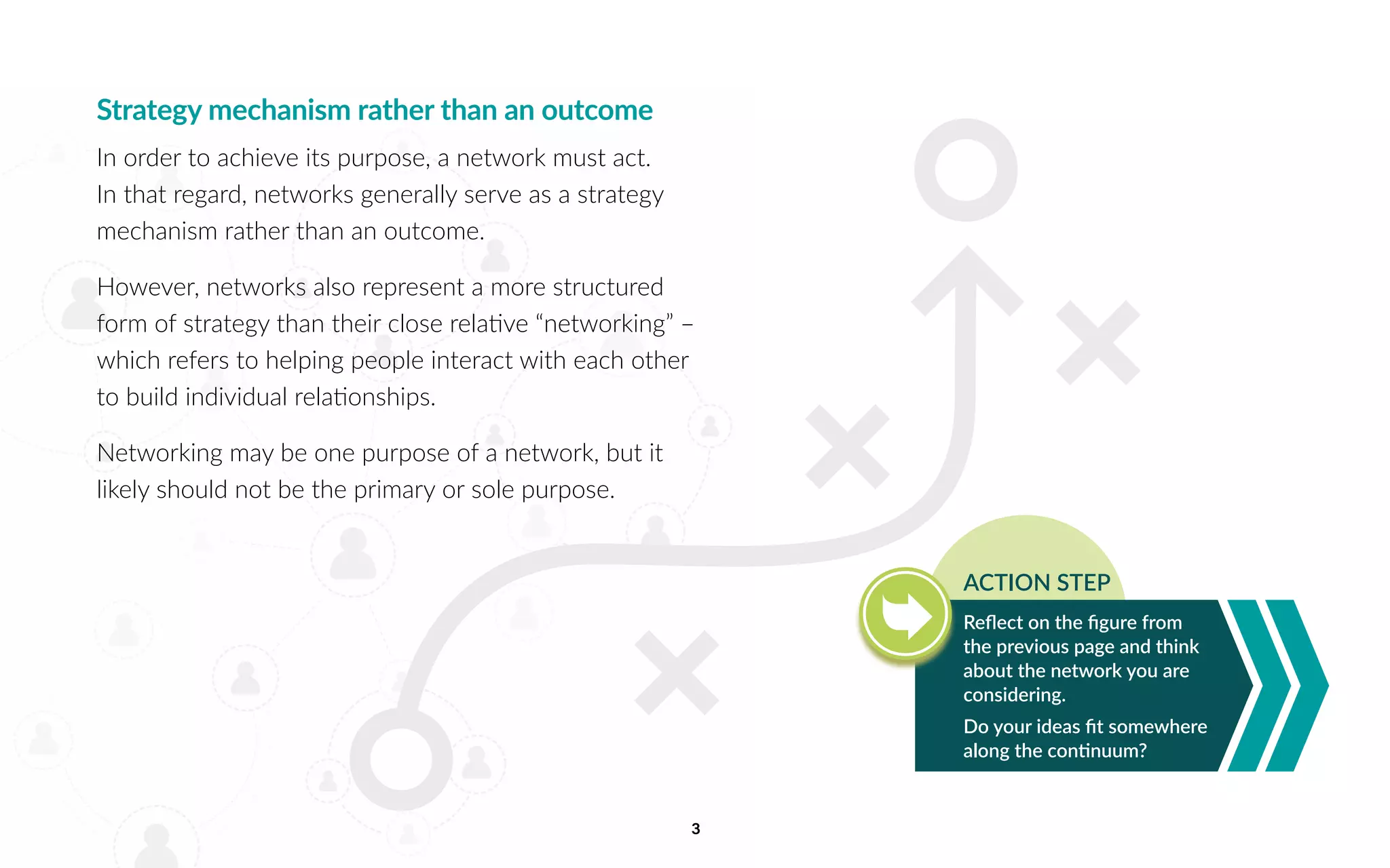 3
Strategy mechanism rather than an outcome
In order to achieve its purpose, a network must act.
In that regard, networks generally serve as a strategy
mechanism rather than an outcome.
However, networks also represent a more structured
form of strategy than their close relative “networking” –
which refers to helping people interact with each other
to build individual relationships.
Networking may be one purpose of a network, but it
likely should not be the primary or sole purpose.
Reflect on the figure from
the previous page and think
about the network you are
considering.
Do your ideas fit somewhere
along the continuum?
ACTION STEP
 
