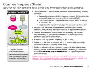 Common Frequency Sharing…
Solution for low-demand, rural areas and symmetric demand scenarios.
Frequency pooling (*)
HLRHLR
 1 operator share its
spectrum with others.
 Multiple operators pool their
spectrum assets together
and share total spectrum.
HLR
Shared Freq., Radio & aggregation.
CoreCore
1 MORAN = Multi-Operator Radio Access Network sharing of all active electronics with exception of
frequencies. 2 MOCN = Multi-Operator Core Network = two core networks connected to 1 frequency. (*) For
3G network core networks connect to the RNC that then connects to the Node-B.
...
...
 3GPP Release 8, 2009 (earliest) onwards with the following sharing
concepts:
 Gateway Core Network (GWCN) shared core network (CN) (multiple CNs
connected to a common core, connected to the shared RAN).
 MOCN: Multi-Operator Core Network where only the RAN is shared (i.e.,
NO common CN).
 Introduction of Iu Flex allowing multiple CNs connecting to shared RAN.
 Multiple core networks connected to a common radio access
network (RAN) sharing a single frequency or a pool of frequencies.
 Service requirements & capabilities not limited by the sharing
requirements (i.e., resides in core network or service creation
platforms above the core network).
 Requires user equipment support (i.e., R8 or later).
 Non-supporting user equipment will ignore the broadcast system
information related to sharing functionality.
 Fairly complex coordination issues on resource allocation among
sharing parties, making this concept more interesting for low-traffic
rural areas (where demand is no issue) or highly asymmetric
traffic situations.
Shared IP
backhaul
eNode-B
LTE
24Dr. Kim Kyllesbech Larsen, Network Sharing Fundamentals.
 