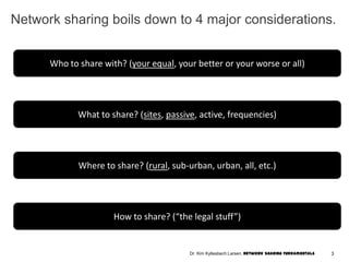 Network sharing boils down to 4 major considerations.
Who to share with? (your equal, your better or your worse or all)
What to share? (sites, passive, active, frequencies)
Where to share? (rural, sub-urban, urban, all, etc.)
How to share? (“the legal stuff”)
Dr. Kim Kyllesbech Larsen, Network Sharing Fundamentals 3
 