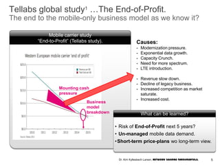 Tellabs global study1 …The End-of-Profit.
The end to the mobile-only business model as we know it?
Mobile carrier study
“End-to-Profit” (Tellabs study).
Business
model
breakdown
Mounting cash
pressure
• Risk of End-of-Profit next 5 years?
• Un-managed mobile data demand.
•Short-term price-plans wo long-term view.
What can be learned?
Causes:
- Modernization pressure.
- Exponential data growth.
- Capacity Crunch.
- Need for more spectrum.
- LTE introduction.
- Revenue slow down.
- Decline of legacy business.
- Increased competition as market
saturate.
- Increased cost.
5Dr. Kim Kyllesbech Larsen, Network Sharing Fundamentals.
 