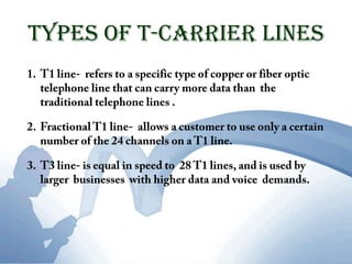Types of T-carrier LinesT1 line-  refers to a specific type of copper or fiber optic  telephone line that can carry more data than  the traditional telephone lines .Fractional T1 line-  allows a customer to use only a certain number of the 24 channels on a T1 line.T3 line- is equal in speed to  28 T1 lines, and is used by larger  businesses  with higher data and voice  demands.