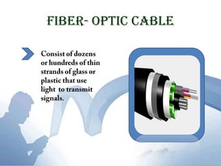 Fiber-Optic cableTwisted-pair cableConsist of one or more twisted-pair wires bundled together .