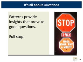 It’s all about Questions


Patterns provide
insights that provoke
good questions.

Full stop.




                                    19
 