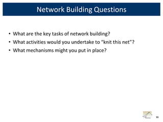 Network Building Questions

• What are the key tasks of network building?
• What activities would you undertake to “knit this net”?
• What mechanisms might you put in place?




                                                            31
 