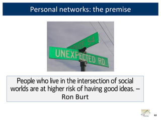 Personal networks: the premise




 People who live in the intersection of social
worlds are at higher risk of having good ideas. –
                   Ron Burt

                                                    63
 