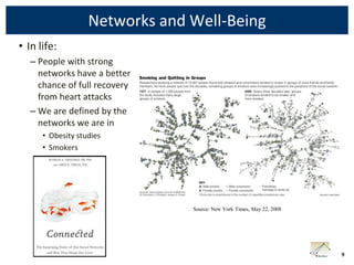 Networks and Well-Being
• In life:
   – People with strong
     networks have a better
     chance of full recovery
     from heart attacks
   – We are defined by the
     networks we are in
      • Obesity studies
      • Smokers




                                Source: New York Times, May 22, 2008




                                                                       9
 