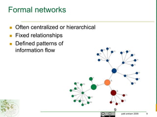 Formal networksOften centralized or hierarchicalFixed relationshipsDefined patterns of information flow9