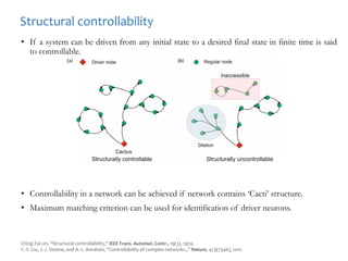 • If a system can be driven from any initial state to a desired final state in finite time is said
to controllable.
• Controllability in a network can be achieved if network contains ‘Cacti’ structure.
• Maximum matching criterion can be used for identification of driver neurons.
Ching-Tai Lin, “Structural controllability,” IEEE Trans. Automat. Contr., 19(3), 1974.
Y.-Y. Liu, J.-J. Slotine, and A.-L. Barabási, “Controllability of complex networks.,” Nature, 473(7346), 2011.
Structural controllability
 