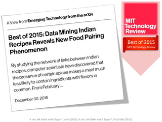 A Jain, NK Rakhi and G Bagler*, arXiv (2015); A Jain, NK Rakhi and G Bagler*, PLoS ONE (2015).
Best of 2015
MIT Technology Review
 