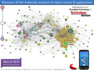 Discovery of the molecular essence of Indian cuisine & applications
Highlighted as an
Emerging Technology in
A Jain, NK Rakhi and G Bagler*, arXiv (2015); A Jain, NK Rakhi and G Bagler*, PLoS ONE (2015).
Best of 2015
MIT Technology Review
 