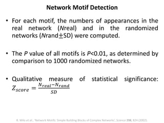 • For each motif, the numbers of appearances in the
real network (Nreal) and in the randomized
networks (Nrand±SD) were computed.
• The P value of all motifs is P<0.01, as determined by
comparison to 1000 randomized networks.
• Qualitative measure of statistical significance:
𝑍𝑠𝑐𝑜𝑟𝑒 =
𝑁 𝑟𝑒𝑎𝑙−𝑁 𝑟𝑎𝑛𝑑
𝑆𝐷
Network Motif Detection
R. Milo et al., ‘Network Motifs: Simple Building Blocks of Complex Networks’, Science 298, 824 (2002).
 