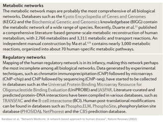 Barabasi et al, “Network Medicine: A network based approach to human disease”, Nature Reviews (2002)
 