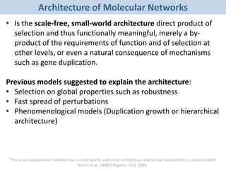 Architecture of Molecular Networks
• Is the scale-free, small-world architecture direct product of
selection and thus functionally meaningful, merely a by-
product of the requirements of function and of selection at
other levels, or even a natural consequence of mechanisms
such as gene duplication.
Previous models suggested to explain the architecture:
• Selection on global properties such as robustness
• Fast spread of perturbations
• Phenomenological models (Duplication growth or hierarchical
architecture)
“The yeast coexpression network has a small-world, scale-free architecture and can be explained by a simple model”,
Noort et al., EMBO Reports, 5(3), 2004.
 