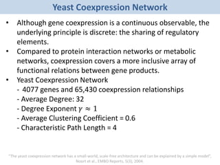 Yeast Coexpression Network
• Although gene coexpression is a continuous observable, the
underlying principle is discrete: the sharing of regulatory
elements.
• Compared to protein interaction networks or metabolic
networks, coexpression covers a more inclusive array of
functional relations between gene products.
• Yeast Coexpression Network
- 4077 genes and 65,430 coexpression relationships
- Average Degree: 32
- Degree Exponent 𝛾 ≈ 1
- Average Clustering Coefficient = 0.6
- Characteristic Path Length = 4
“The yeast coexpression network has a small-world, scale-free architecture and can be explained by a simple model”,
Noort et al., EMBO Reports, 5(3), 2004.
 