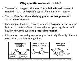 • These results suggests that motifs can define broad classes of
networks, each with specific types of elementary structures.
• The motifs reflect the underlying processes that generated
each type of network.
• For example, food webs evolve to allow a flow of energy from the
bottom to the top of food chains, whereas gene regulation and
neuron networks evolve to process information.
• Information processing seems to give rise to significantly different
structures than does energy flow.
Why specific network motifs?
R. Milo et al., ‘Network Motifs: Simple Building Blocks of Complex Networks’, Science 298, 824 (2002).
 