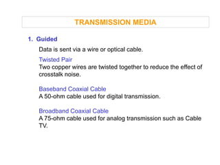 TRANSMISSION MEDIA

1. Guided
   Data is sent via a wire or optical cable.
   Twisted Pair
   Two copper wires are twisted together to reduce the effect of
   crosstalk noise.

   Baseband Coaxial Cable
   A 50-ohm cable used for digital transmission.

   Broadband Coaxial Cable
   A 75-ohm cable used for analog transmission such as Cable
   TV.
 
