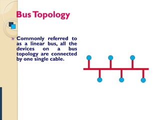 Bus Topology

Commonly referred to
as a linear bus, all the
devices    on    a   bus
topology are connected
by one single cable.
 