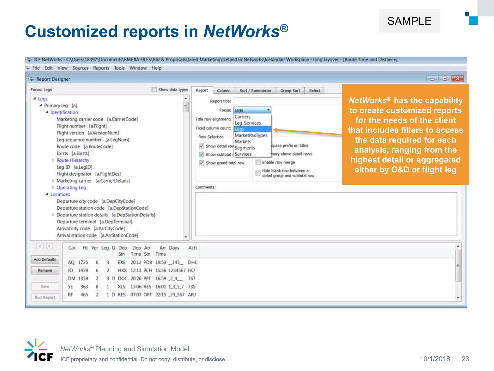 ICF proprietary and confidential. Do not copy, distribute, or disclose.ICF proprietary and confidential. Do not copy, distribute, or disclose.ICF proprietary and confidential. Do not copy, distribute, or disclose.
Customized reports in NetWorks®
10/1/2018 23
NetWorks® has the capability
to create customized reports
for the needs of the client
that includes filters to access
the data required for each
analysis, ranging from the
highest detail or aggregated
either by O&D or flight leg
NetWorks® Planning and Simulation Model
SAMPLE
 