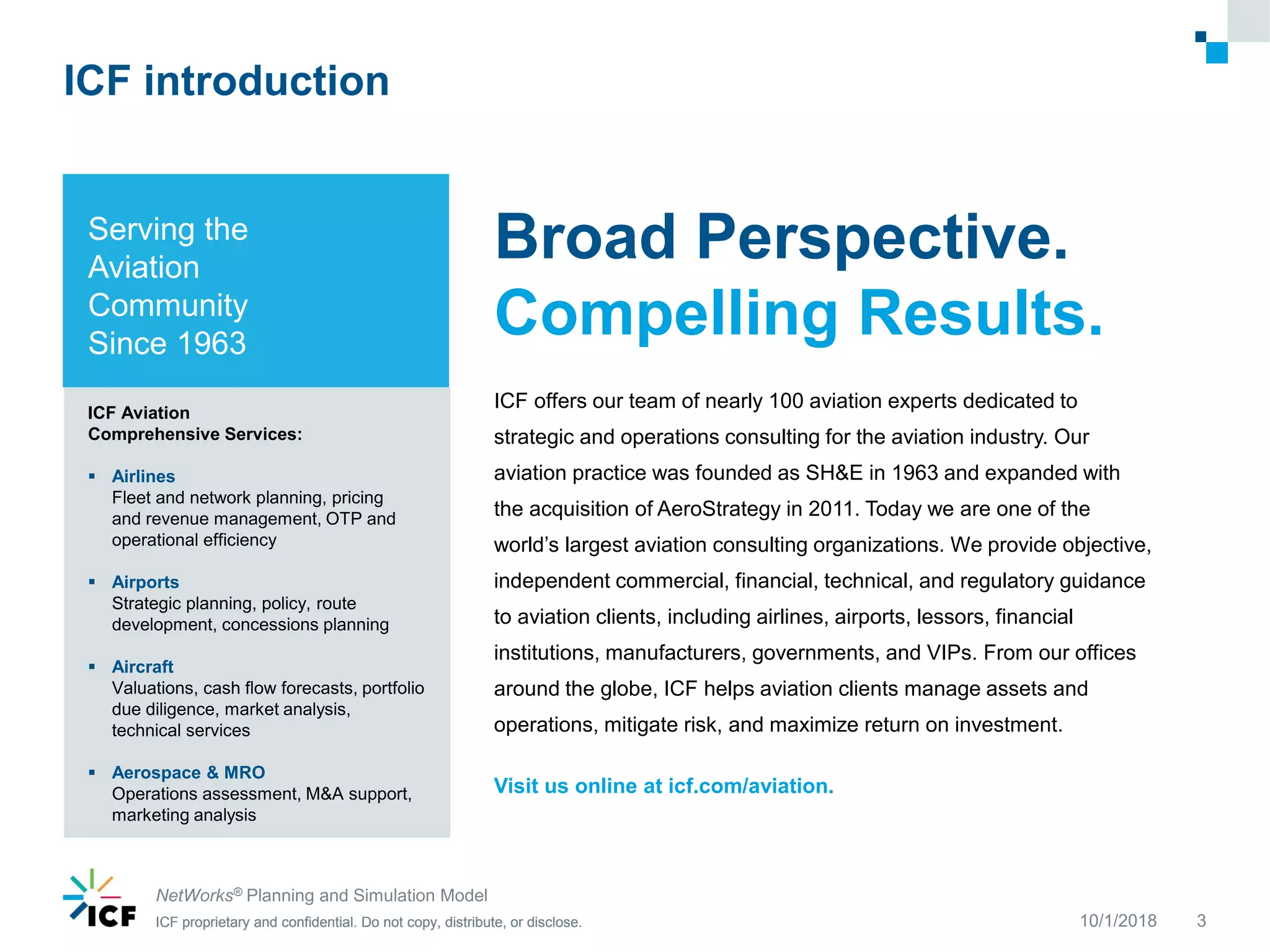 ICF proprietary and confidential. Do not copy, distribute, or disclose.ICF proprietary and confidential. Do not copy, distribute, or disclose.ICF proprietary and confidential. Do not copy, distribute, or disclose.
ICF introduction
10/1/2018
NetWorks® Planning and Simulation Model
3
Serving the
Aviation
Community
Since 1963
Broad Perspective.
Compelling Results.
ICF offers our team of nearly 100 aviation experts dedicated to
strategic and operations consulting for the aviation industry. Our
aviation practice was founded as SH&E in 1963 and expanded with
the acquisition of AeroStrategy in 2011. Today we are one of the
world’s largest aviation consulting organizations. We provide objective,
independent commercial, financial, technical, and regulatory guidance
to aviation clients, including airlines, airports, lessors, financial
institutions, manufacturers, governments, and VIPs. From our offices
around the globe, ICF helps aviation clients manage assets and
operations, mitigate risk, and maximize return on investment.
Visit us online at icf.com/aviation.
ICF Aviation
Comprehensive Services:
 Airlines
Fleet and network planning, pricing
and revenue management, OTP and
operational efficiency
 Airports
Strategic planning, policy, route
development, concessions planning
 Aircraft
Valuations, cash flow forecasts, portfolio
due diligence, market analysis,
technical services
 Aerospace & MRO
Operations assessment, M&A support,
marketing analysis
 
