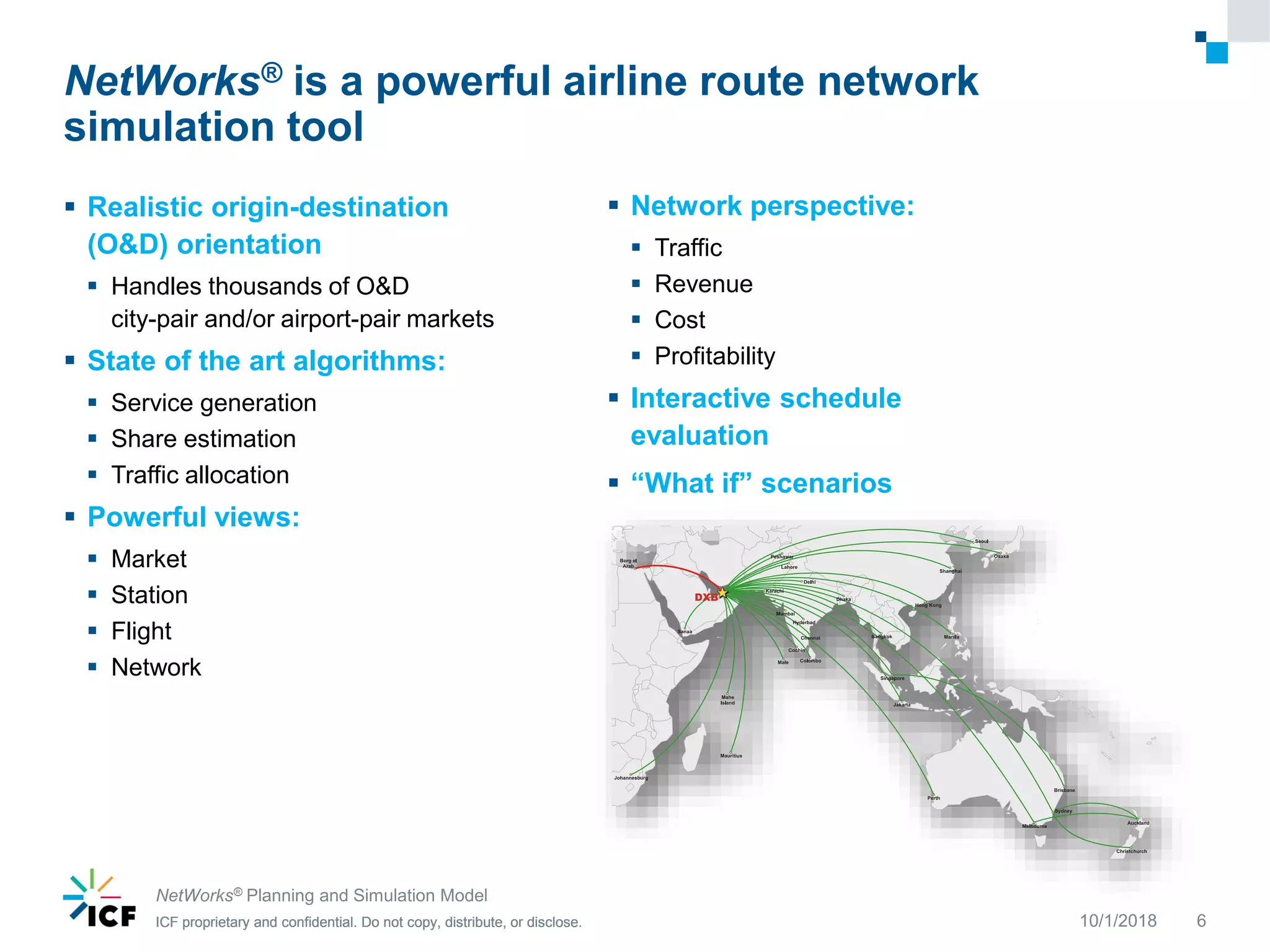 ICF proprietary and confidential. Do not copy, distribute, or disclose.ICF proprietary and confidential. Do not copy, distribute, or disclose.ICF proprietary and confidential. Do not copy, distribute, or disclose.
NetWorks® is a powerful airline route network
simulation tool
 Realistic origin-destination
(O&D) orientation
 Handles thousands of O&D
city-pair and/or airport-pair markets
 State of the art algorithms:
 Service generation
 Share estimation
 Traffic allocation
 Powerful views:
 Market
 Station
 Flight
 Network
10/1/2018
NetWorks® Planning and Simulation Model
6
 Network perspective:
 Traffic
 Revenue
 Cost
 Profitability
 Interactive schedule
evaluation
 “What if” scenarios
 
