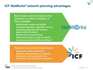 ICF proprietary and confidential. Do not copy, distribute, or disclose.ICF proprietary and confidential. Do not copy, distribute, or disclose.ICF proprietary and confidential. Do not copy, distribute, or disclose.
ICF NetWorks® network planning advantages
10/1/2018
NetWorks® Planning and Simulation Model
15
 Best-in-class tools that enable current
production, as well as evaluation of
future strategies
 Sophisticated, capable and flexible
 Transparent approach, algorithms and use
 Easily integrated with other systems
(plays nicely with others)
 Reliable and technically robust
 Stand-alone model (no need of a server)
 Interacts very easily with Microsoft Excel®
 Pragmatic and practical implementation
 By and with airline professionals
 Hands-on implementation and regularly
scheduled, continuing support from
practitioners who use the tool themselves
 