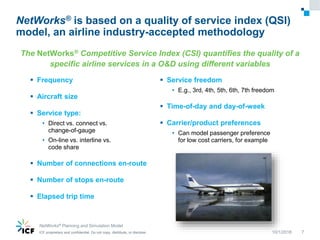 ICF proprietary and confidential. Do not copy, distribute, or disclose.ICF proprietary and confidential. Do not copy, distribute, or disclose.ICF proprietary and confidential. Do not copy, distribute, or disclose.
NetWorks® is based on a quality of service index (QSI)
model, an airline industry-accepted methodology
The NetWorks® Competitive Service Index (CSI) quantifies the quality of a
specific airline services in a O&D using different variables
10/1/2018
NetWorks® Planning and Simulation Model
7
 Frequency
 Aircraft size
 Service type:
• Direct vs. connect vs.
change-of-gauge
• On-line vs. interline vs.
code share
 Number of connections en-route
 Number of stops en-route
 Elapsed trip time
 Service freedom
• E.g., 3rd, 4th, 5th, 6th, 7th freedom
 Time-of-day and day-of-week
 Carrier/product preferences
• Can model passenger preference
for low cost carriers, for example
 