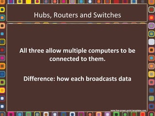Hubs, Routers and Switches
All three allow multiple computers to be
connected to them.
Difference: how each broadcasts data
 